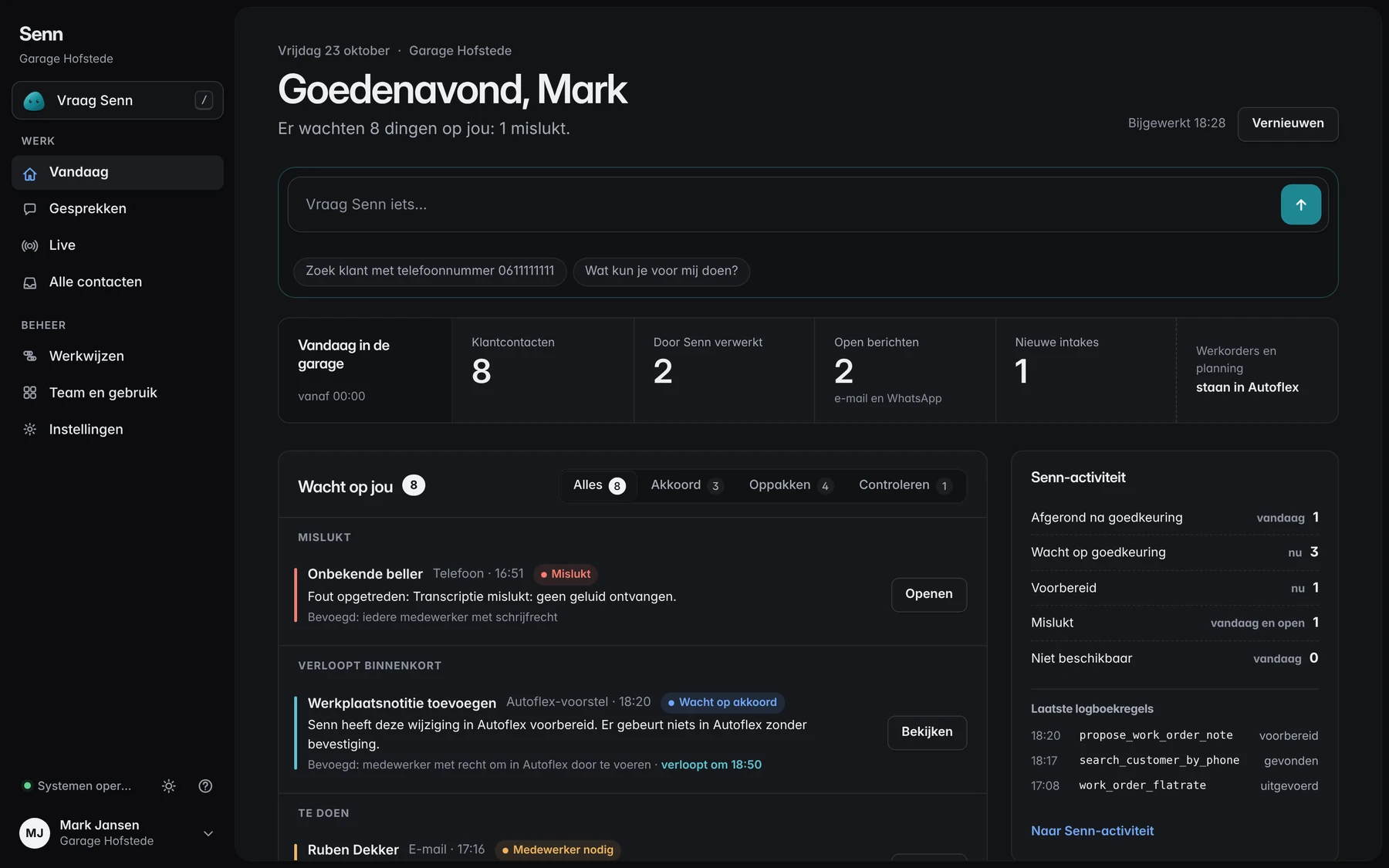 Het Vandaag-scherm van Senn in donkere modus, met de zaken die op jou wachten.